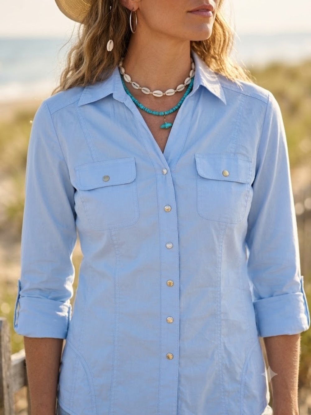 Vintage Jessica Light Blue Utility Shirt Coastal Cowgirl Y2K Roll Tab Top